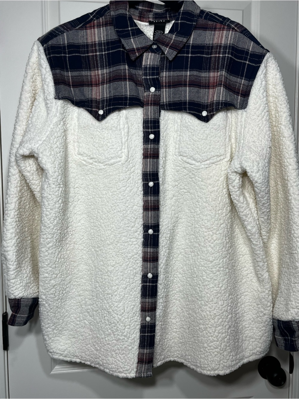 Wrangler Retro‎ Sherpa Shacket Plaid Snap Front Jacket Cream XL